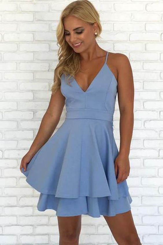 Simple Blue Spaghetti Straps V Neck Short Homecoming Dress C527