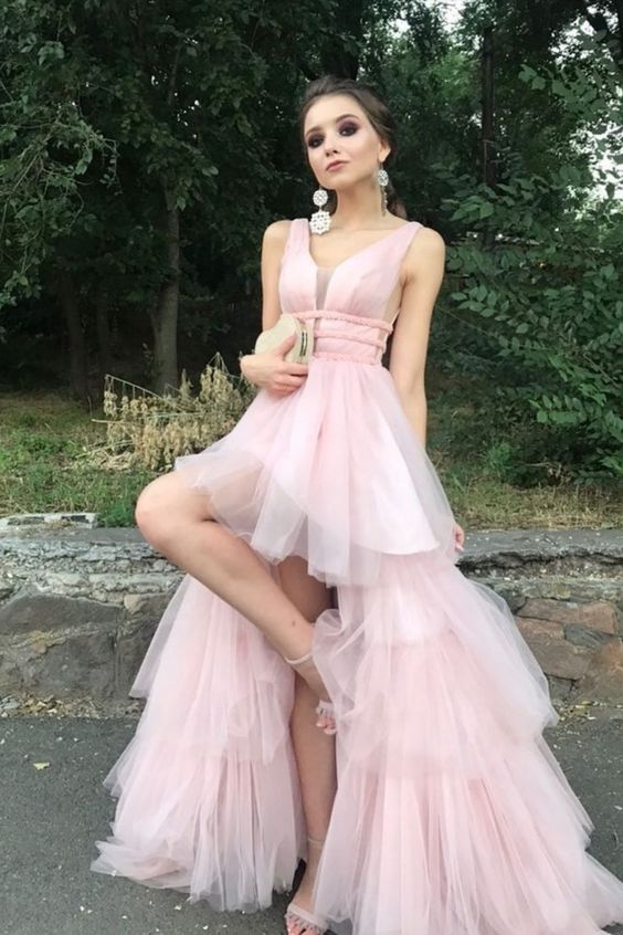 V-Neck Hi-Low Lavender Tiered Long Prom Dress C506