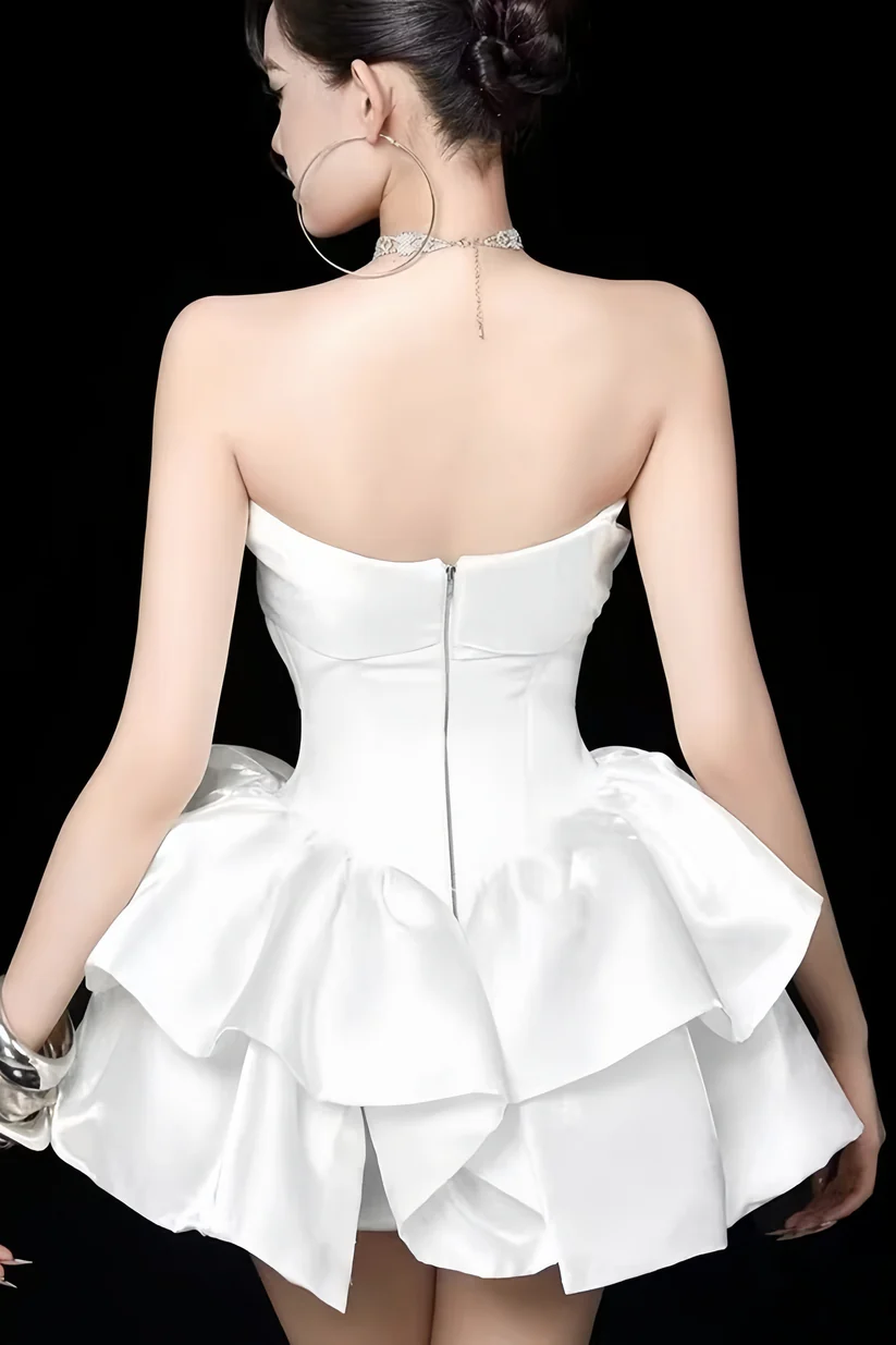 Stylish Strapless White Satin Pleated A Line Short Party Dress Short Graduation Homecoming Dress