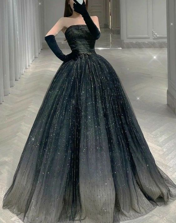 Stunning Black A-line Strapless Prom Dress,Gothic Ball Gown