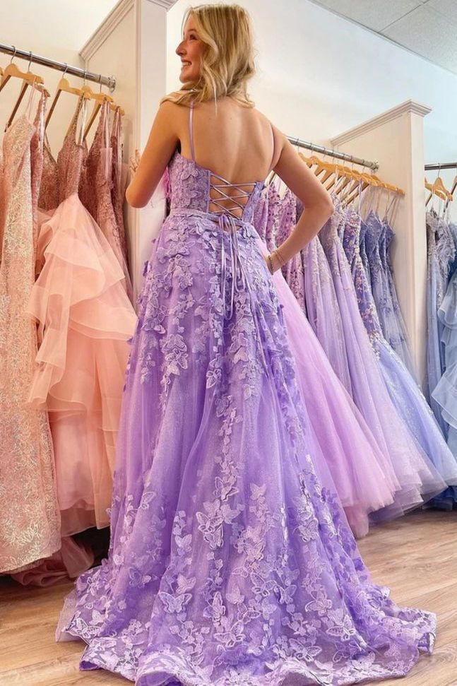 Spaghetti Straps Tulle Lace Appliques Evening Dress Lavender A-Line Prom Party Dress - View 4 | FashionDia