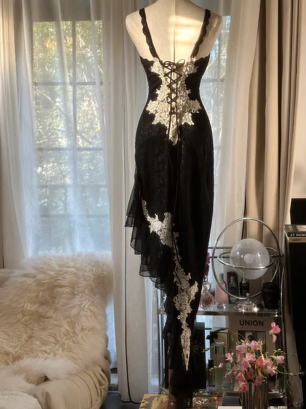 Classy Spaghetti Strap Black Lace Appliques Party Dress Prom Dress - View 3 | FashionDia