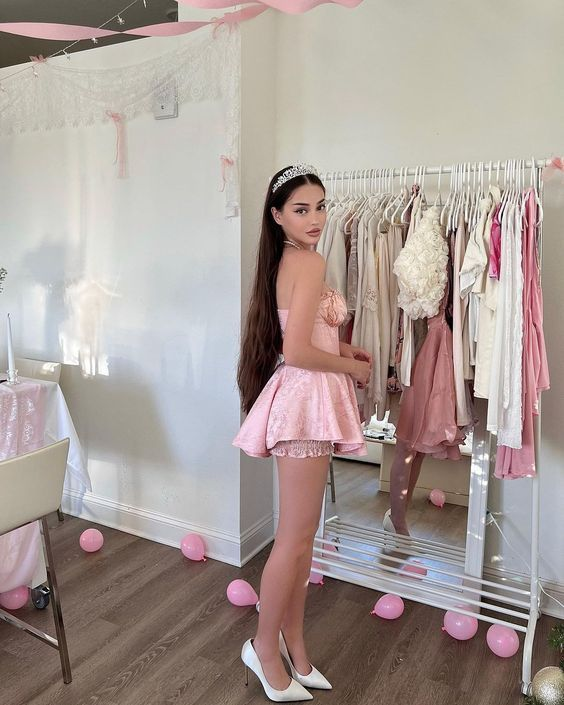 Pretty Pink A-Line Satin Print Floral Birthday Dress Homecoming Dress - View 3 | FashionDia