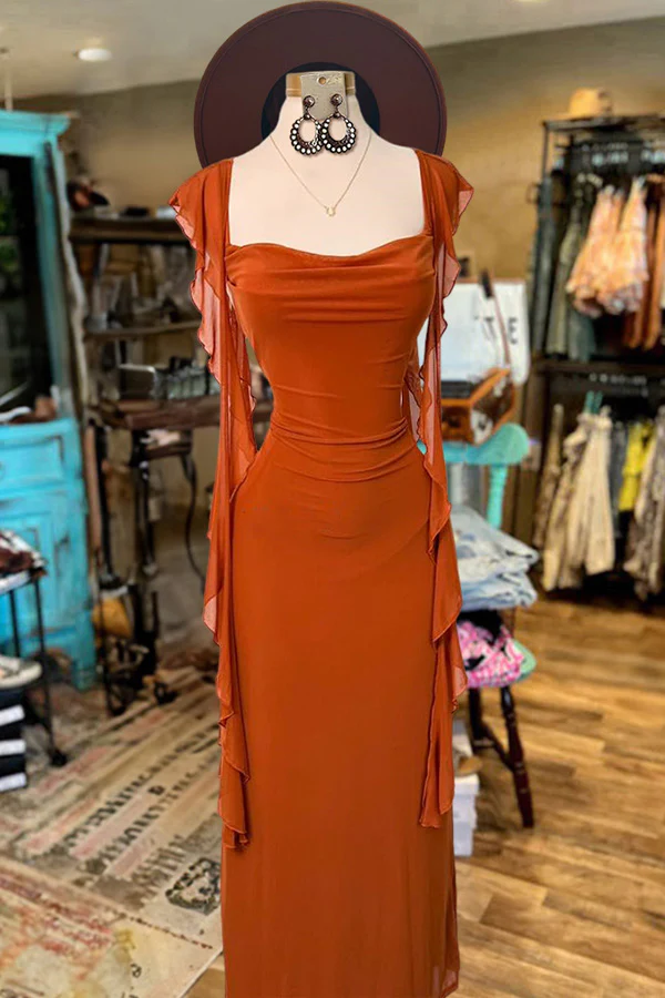 Elegant Orange Sheath Chiffon Ruffles Prom Dress,Long Party Evening Gown
