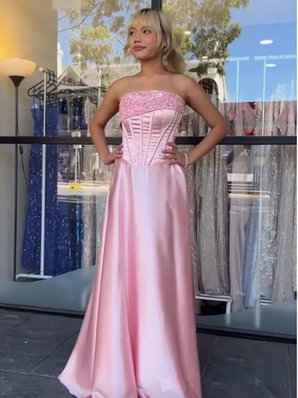 Pink Strapless Beaded Satin Party Dress A Line Prom Evening Dress