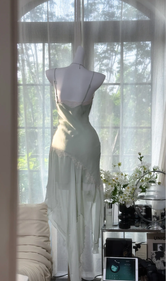 Sexy Light Green Chiffon Lace Pleated Mermaid Long Party Dress Prom Dresses - View 3 | FashionDia