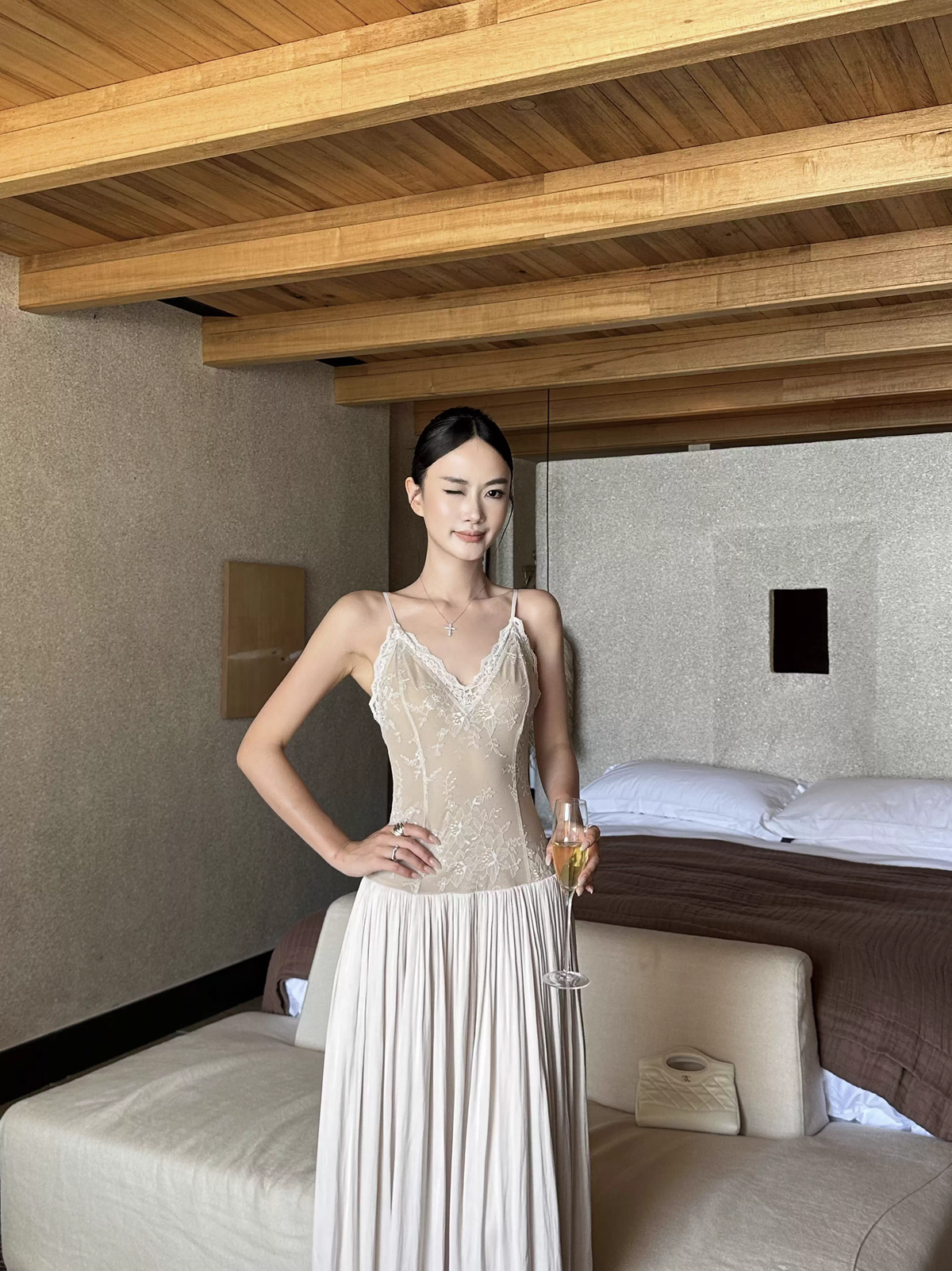 Unique Apricot Spaghetti Straps V-Neck Lace Satin A-Line Long Evening Dress Party Gown - View 3 | FashionDia