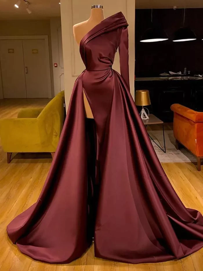 Elegant One Long Shoulder Solid Color Long-sleeve Evening Dress High Split - View 2 | FashionDia