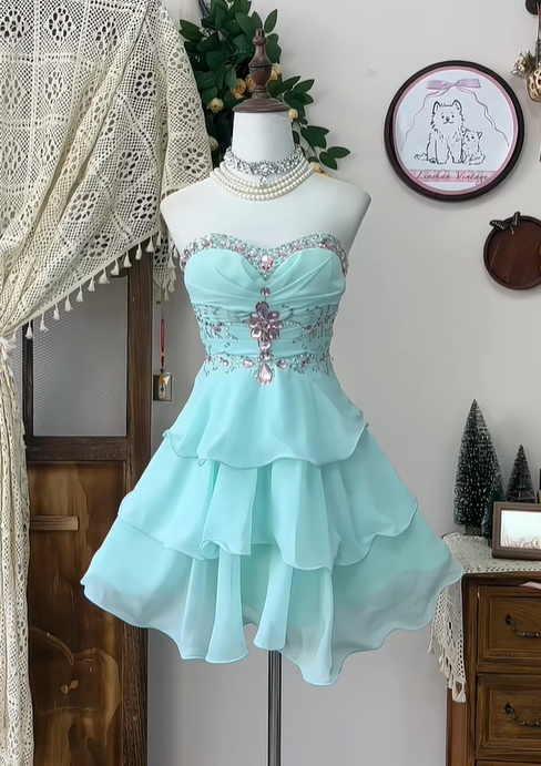 Elegant Strapless Chiffon Beaded A-Line Mini Birthday Dress Blue Grade Homecoming Dress - FashionDia