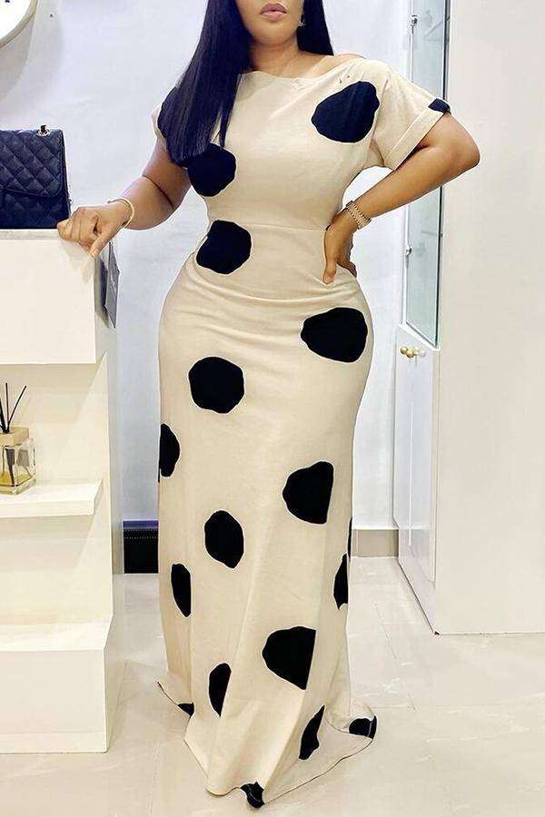 Temperament Polka Dot Print One Neck Slim Maxi Dress - Fashionpara