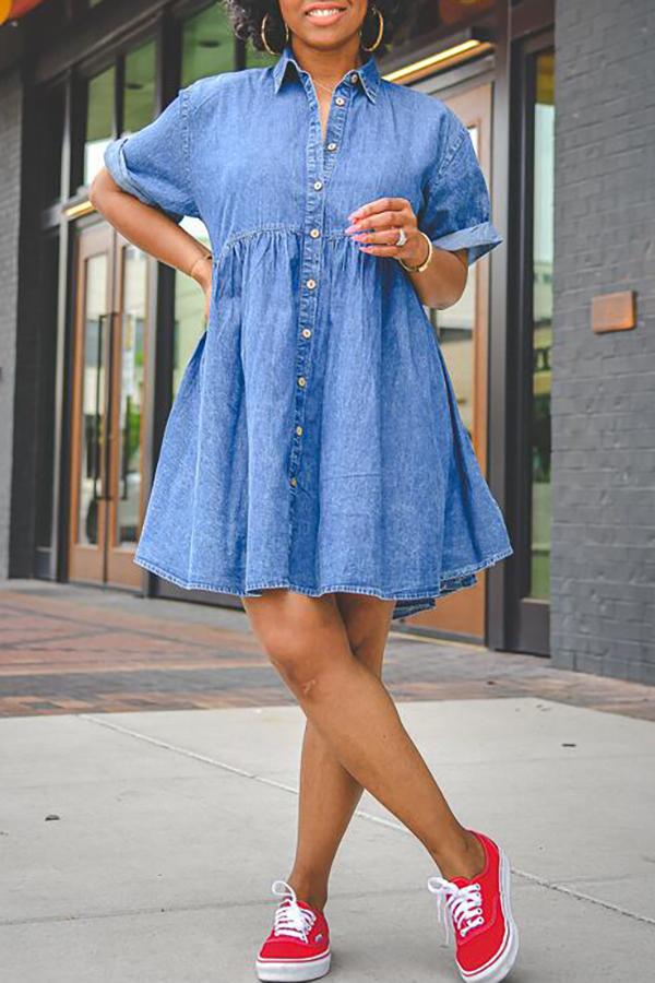 Denim Shirt Collar Short Sleeve Button Down Dress - Fashionpara