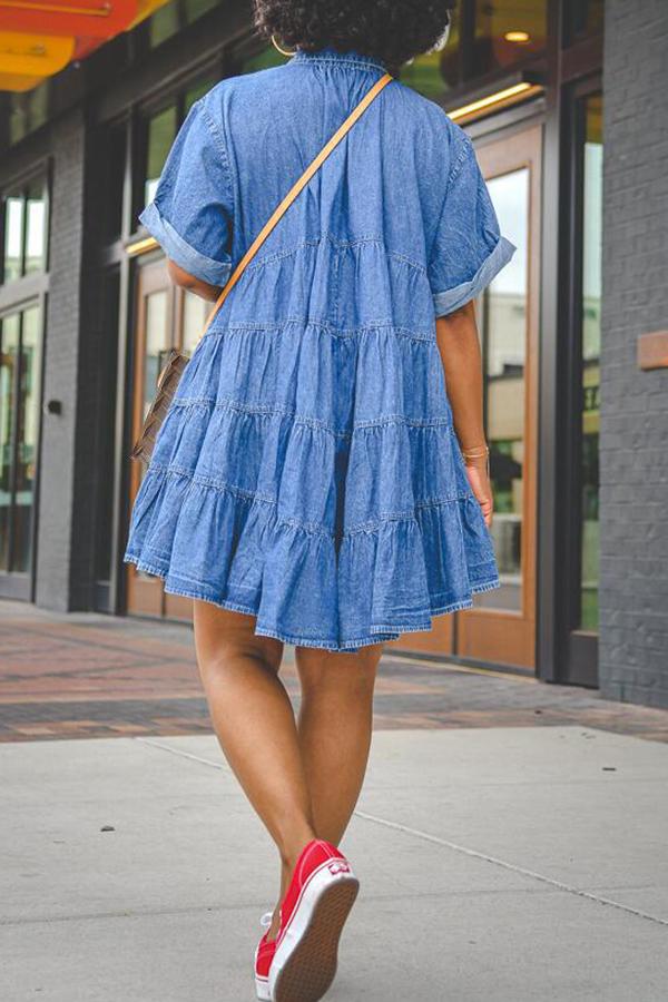 Denim Shirt Collar Short Sleeve Button Down Dress - Fashionpara