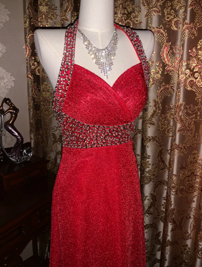 Glitter Halter Red Tulle Sequin Beaded A-Line Long Party Dress Evening Dress - View 6 | FashionDia