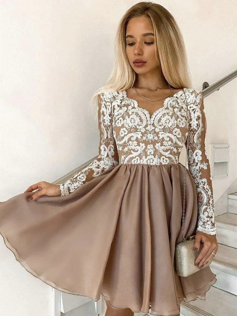 Long Sleeves Short Champagne Lace Homecoming Dresses, Short Champagne Lace Formal Graduation Dresses - FashionDia