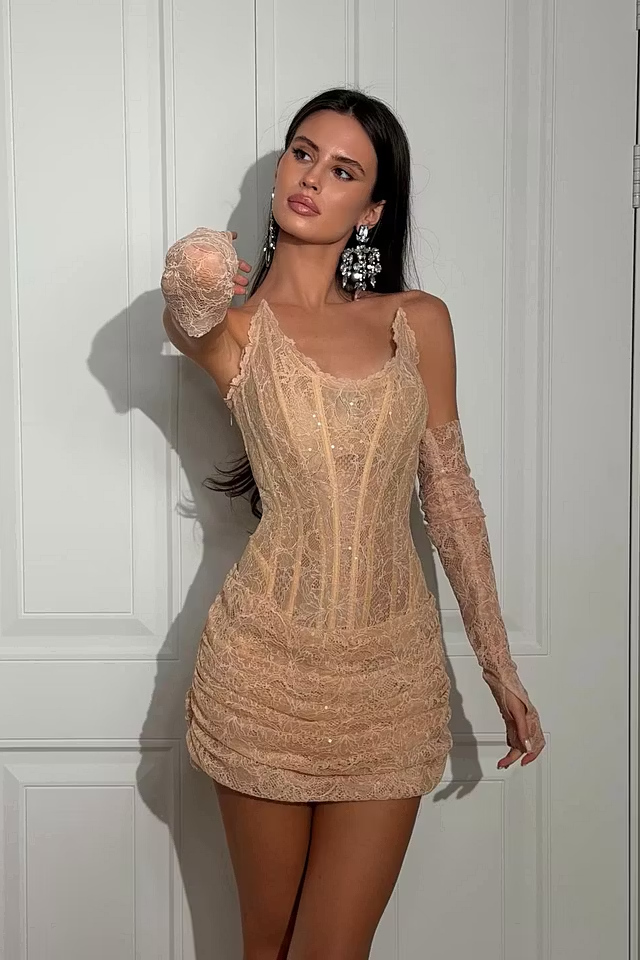 Charming Strapless Lace Short Homecoming Dress Sheath Pleats With Gloves