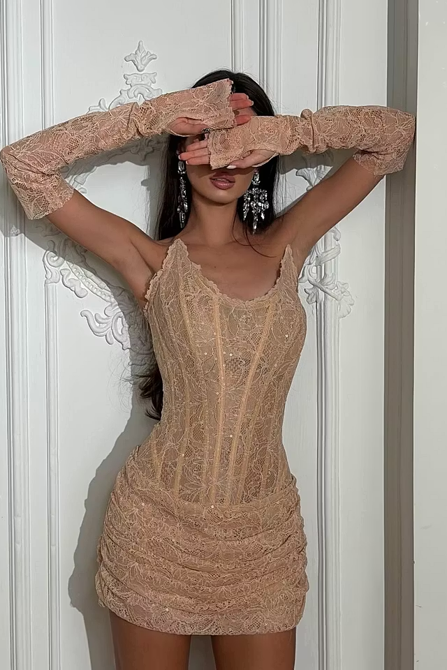 Charming Strapless Lace Short Homecoming Dress Sheath Pleats With Gloves