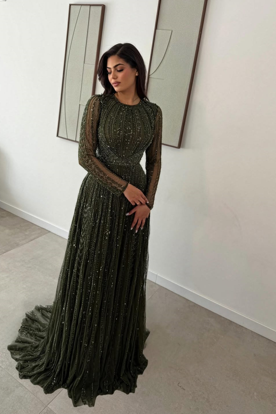 Elegant Jewel Long Sleeves Prom dresses Floor-Length Beading With Pleats Zipper