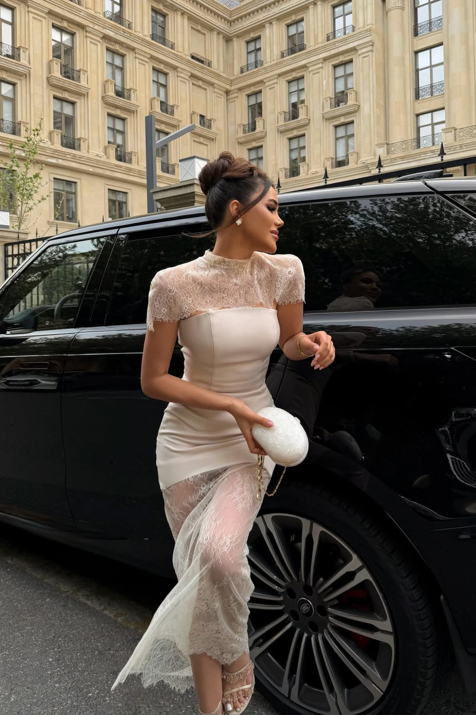 Timeless High Collar Stain Lace Mermaid Sheath Prom Dresses
