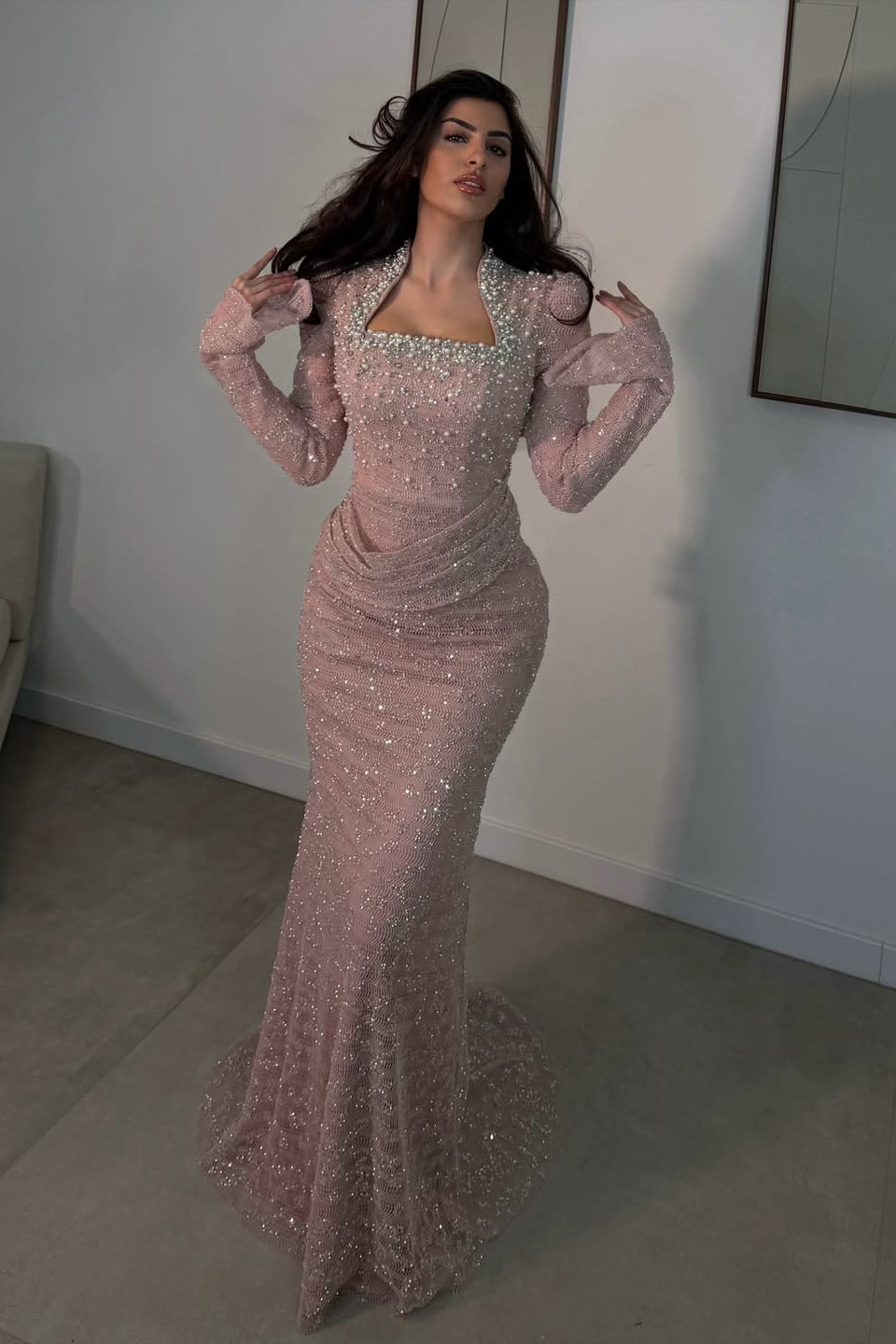 Pretty Pink Long Sleeves Mermaid Prom Dresses Column Pearl With Beads Pleats