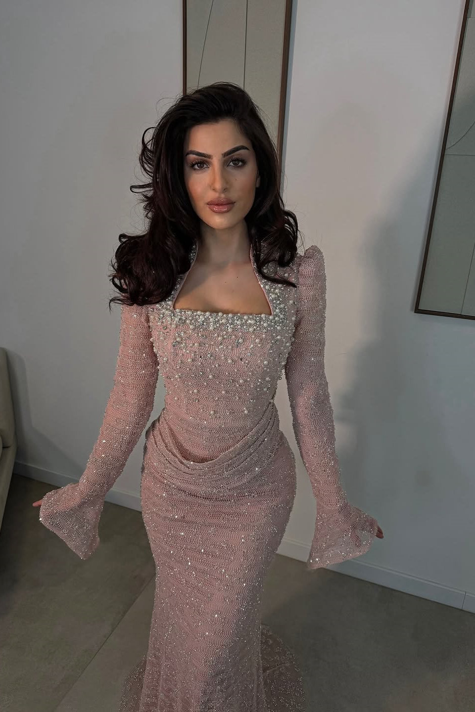 Pretty Pink Long Sleeves Mermaid Prom Dresses Column Pearl With Beads Pleats