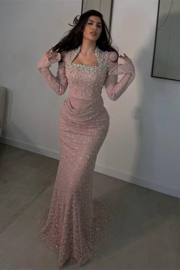 Pretty Pink Long Sleeves Mermaid Prom Dresses Column Pearl With Beads Pleats