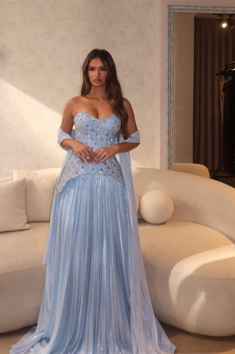 Stunning Sky Blue Sweetheart Strapless Sleeveless Chiffon Prom Dresses Gem With Pleats
