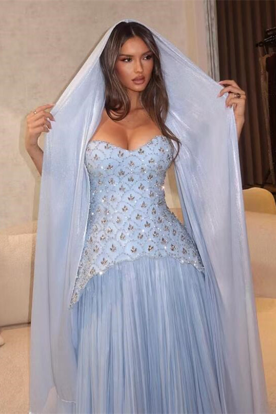 Stunning Sky Blue Sweetheart Strapless Sleeveless Chiffon Prom Dresses Gem With Pleats