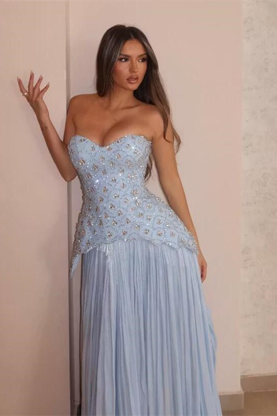 Stunning Sky Blue Sweetheart Strapless Sleeveless Chiffon Prom Dresses Gem With Pleats