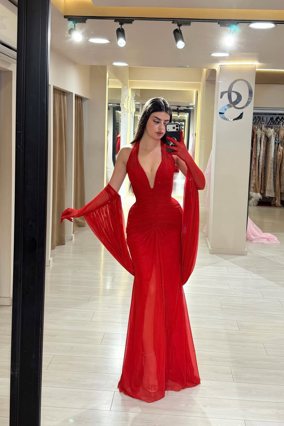 Charming Red Halter Sleeveless Mermaid Prom Dresses Sheath With Gloves