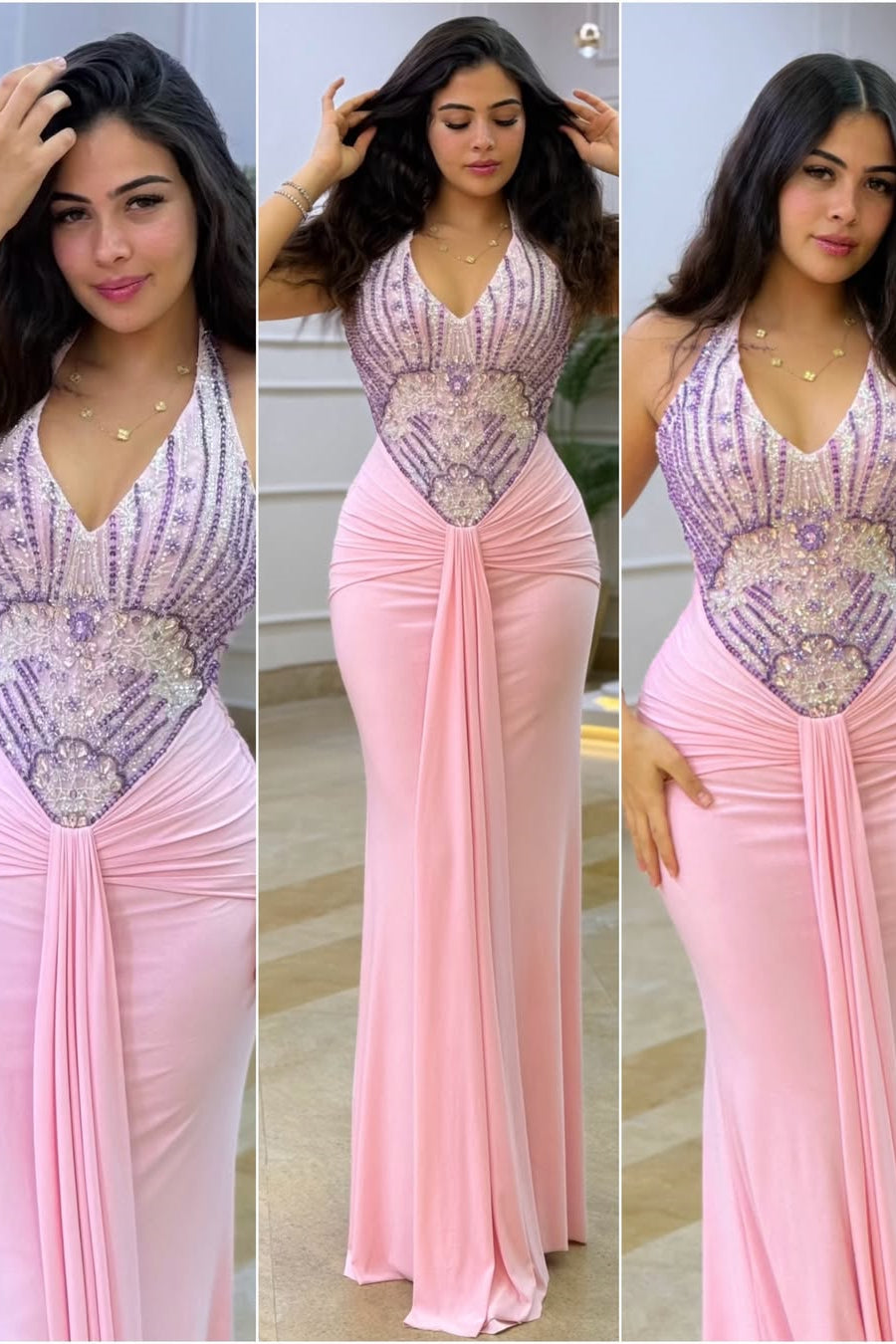Chic Pink Halter Sleeveless Satin Mermaid Prom Dresses Beads With Pleats Zipper