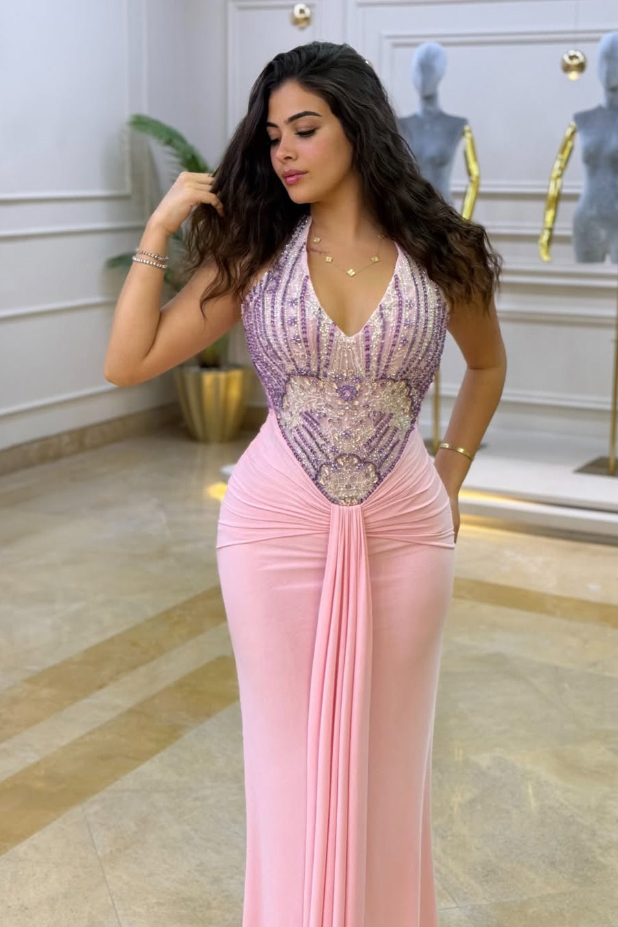 Chic Pink Halter Sleeveless Satin Mermaid Prom Dresses Beads With Pleats Zipper