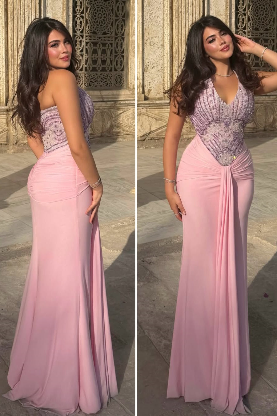 Chic Pink Halter Sleeveless Satin Mermaid Prom Dresses Beads With Pleats Zipper