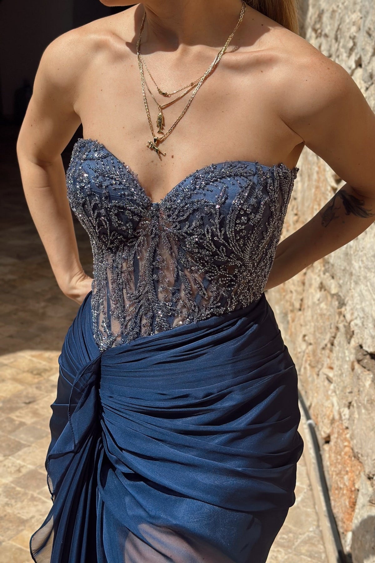 Stunning Dark Navy Sweetheart Strapless Sleeveless Chiffon Prom Dresses Beads With High Split