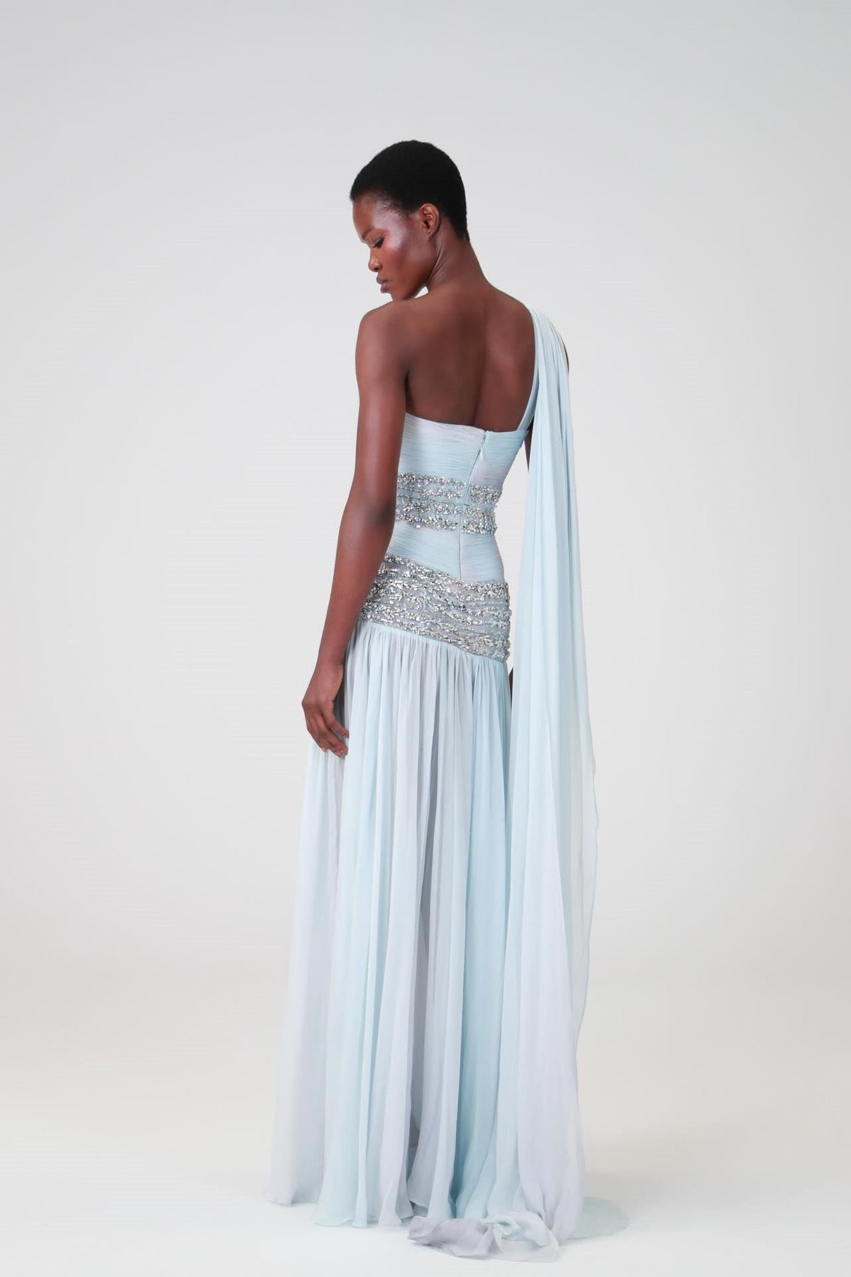 Charming One-Shoulder Sleeveless Chiffon Prom Dresses Beads With Pleats Zipper