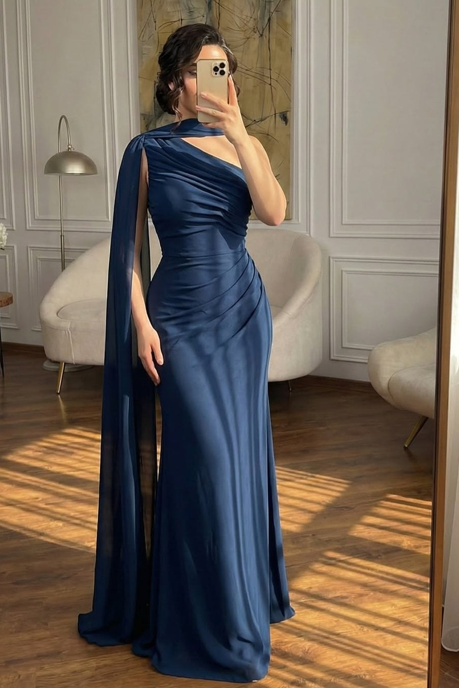 Elegant Dark Navy One Shoulder Mermaid Prom Dresses Sheath Long With Pleats