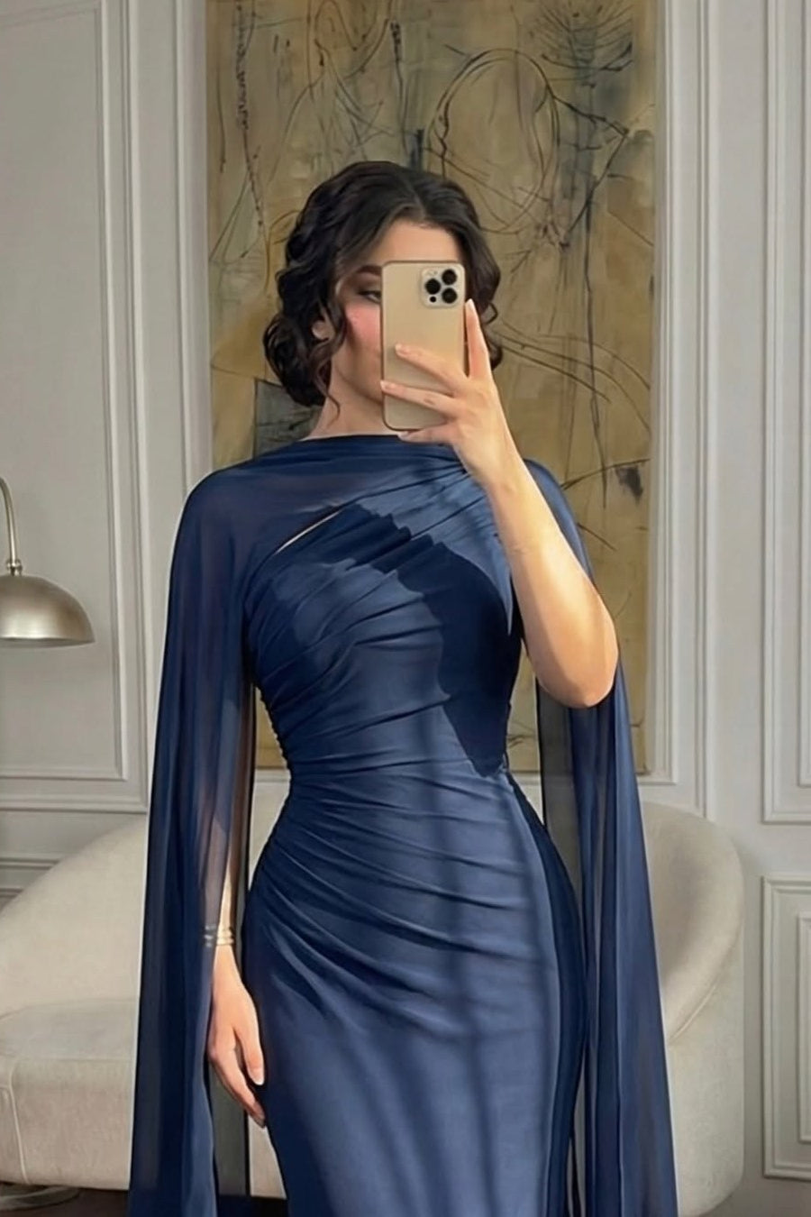 Elegant Dark Navy One Shoulder Mermaid Prom Dresses Sheath Long With Pleats