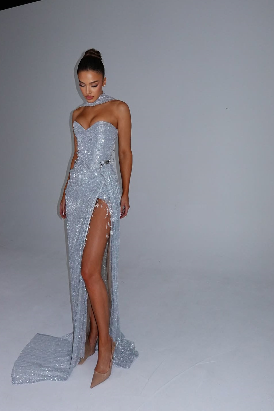 Stunning Silver Sweetheart Strapless Sleeveless Prom Dresses Mermaid Gem With High Split