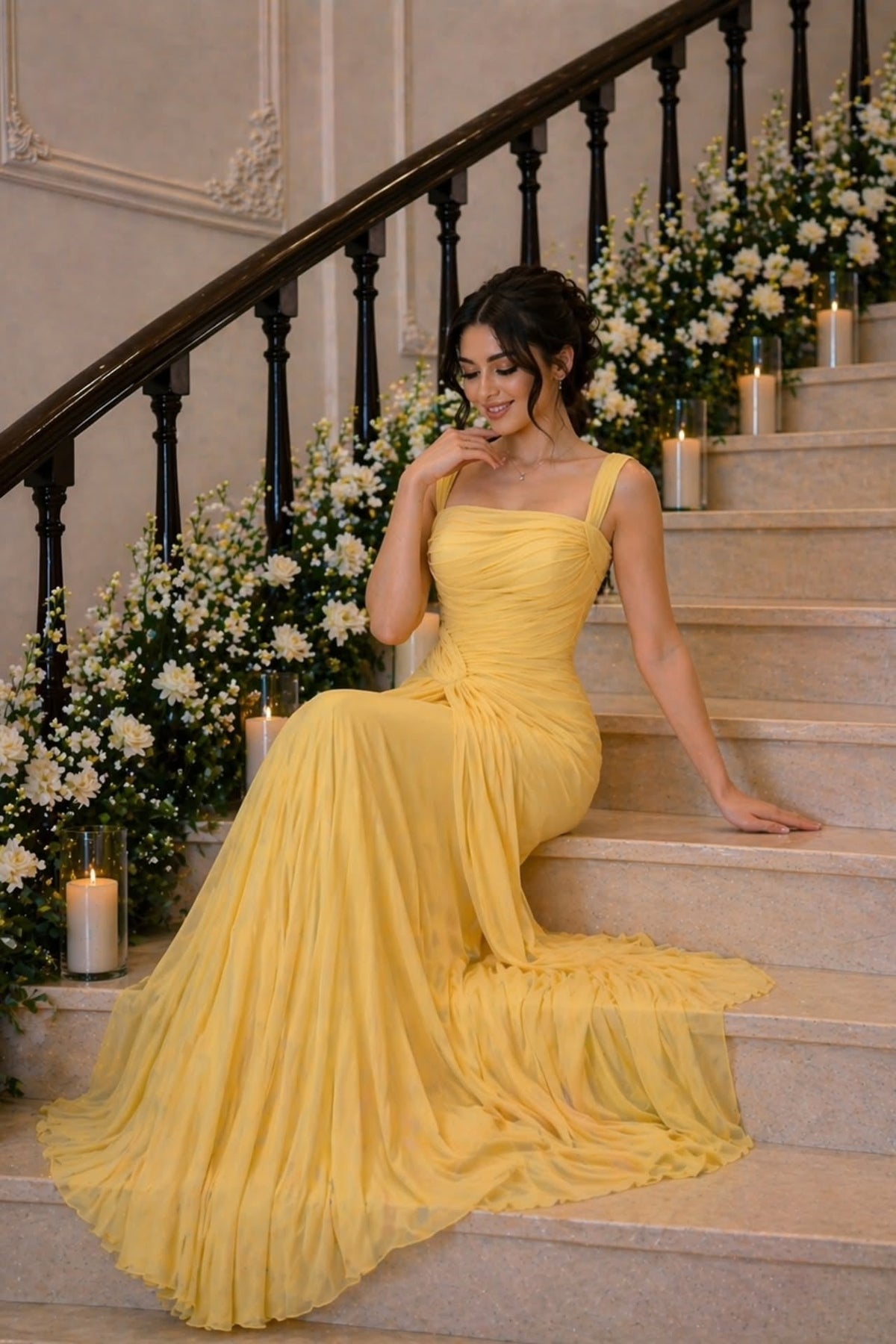 Graceful Yellow Straps Sleeveless Chiffon Prom Dresses Floor Length With Pleats