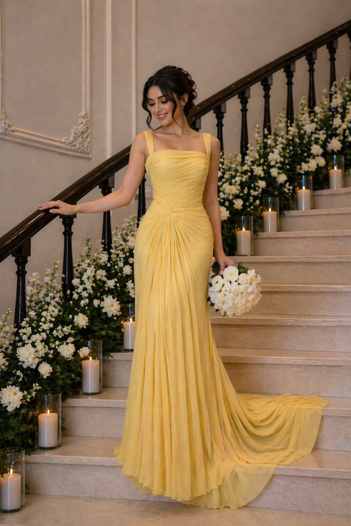 Graceful Yellow Straps Sleeveless Chiffon Prom Dresses Floor Length With Pleats