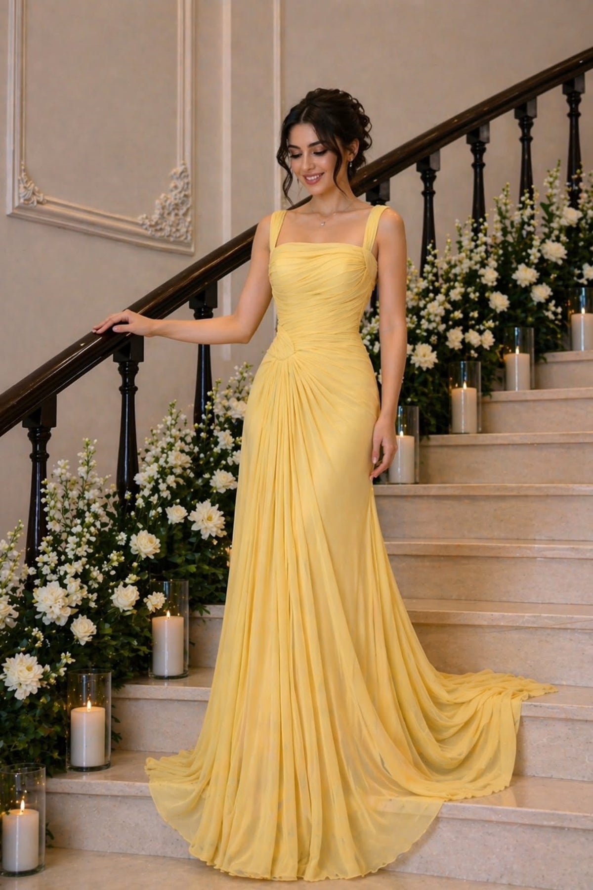 Graceful Yellow Straps Sleeveless Chiffon Prom Dresses Floor Length With Pleats