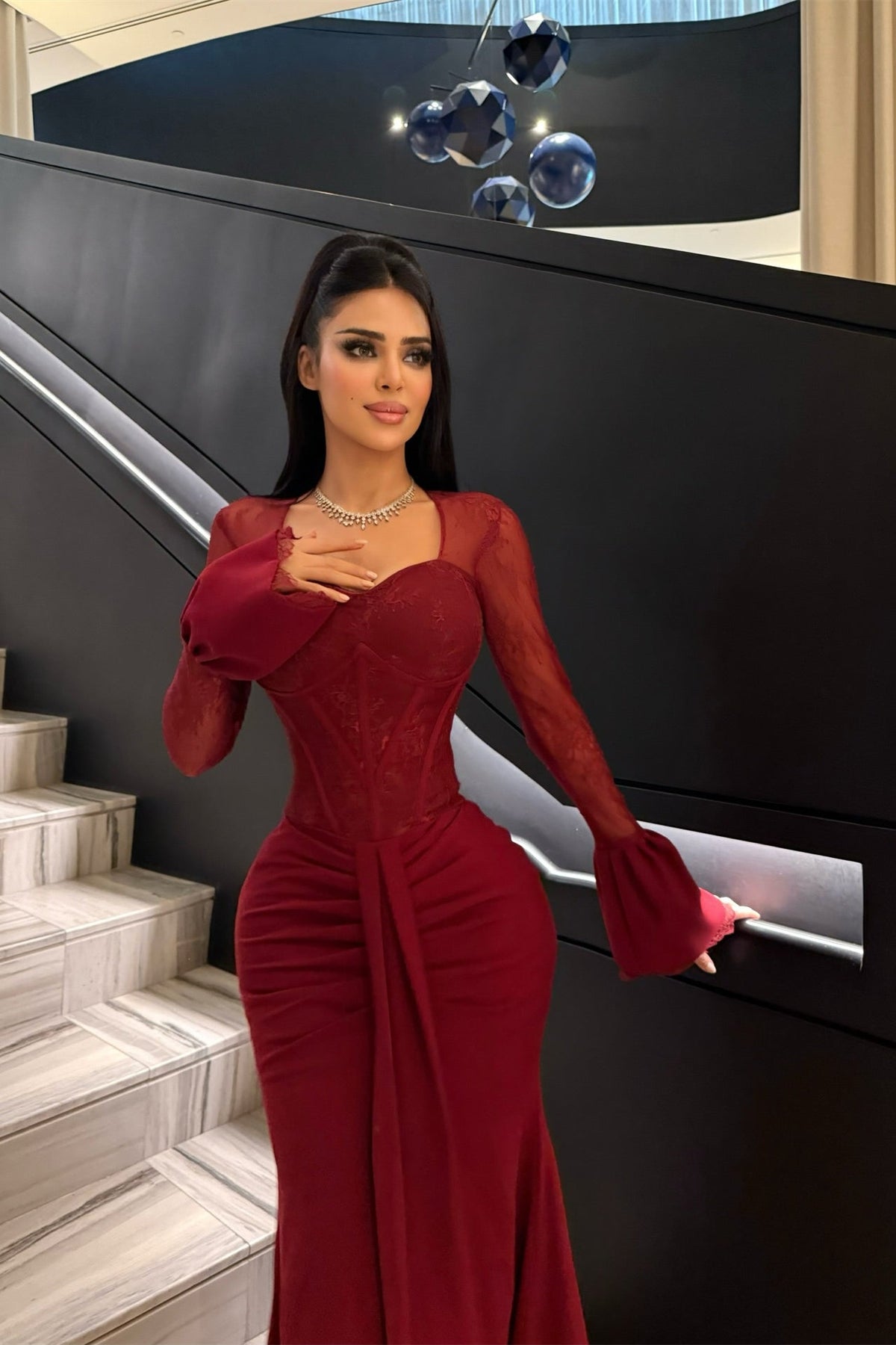 Timeless burgundy Sweetheart Long Sleeves Satin Lace Prom Dresses Mermaid With Pleats