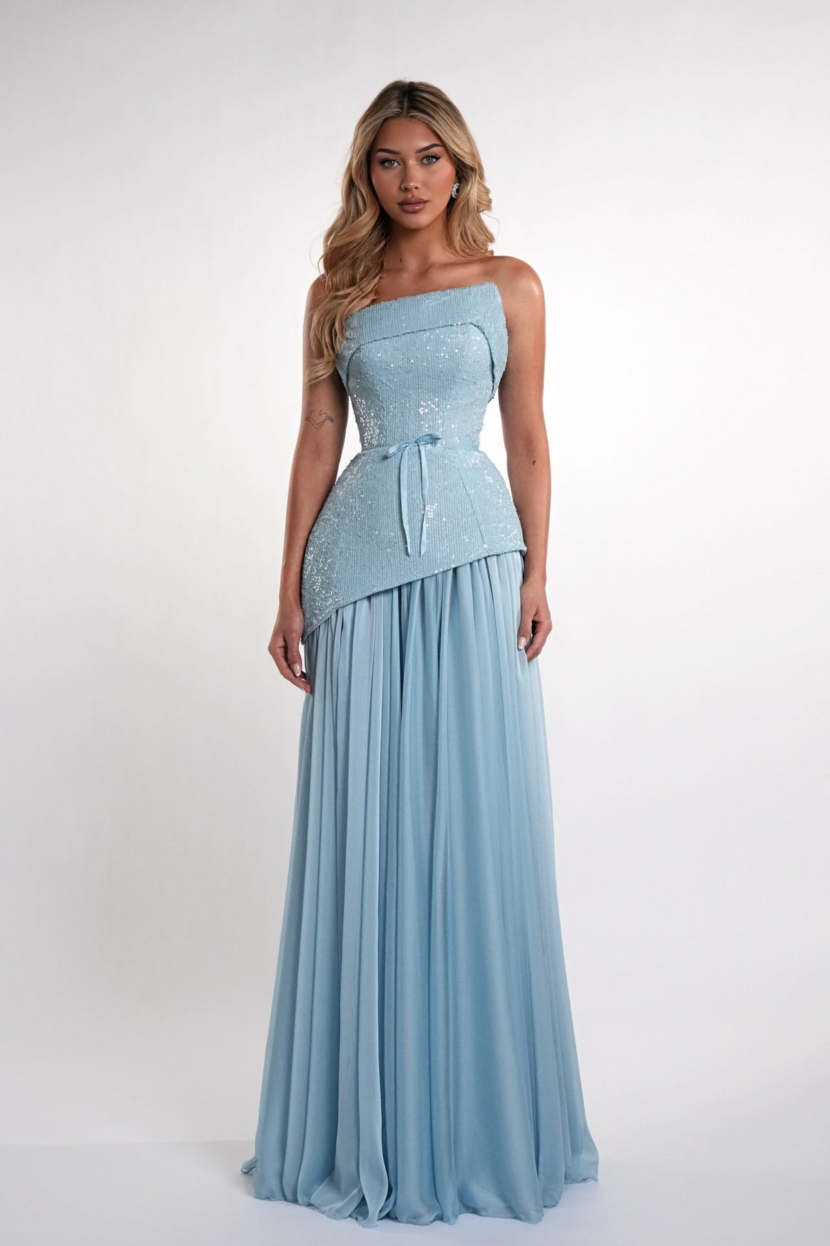 Charming Dusty Blue Strapless Sleeveless Chiffon Sequins Prom Dresses Long With Lace-Up Back
