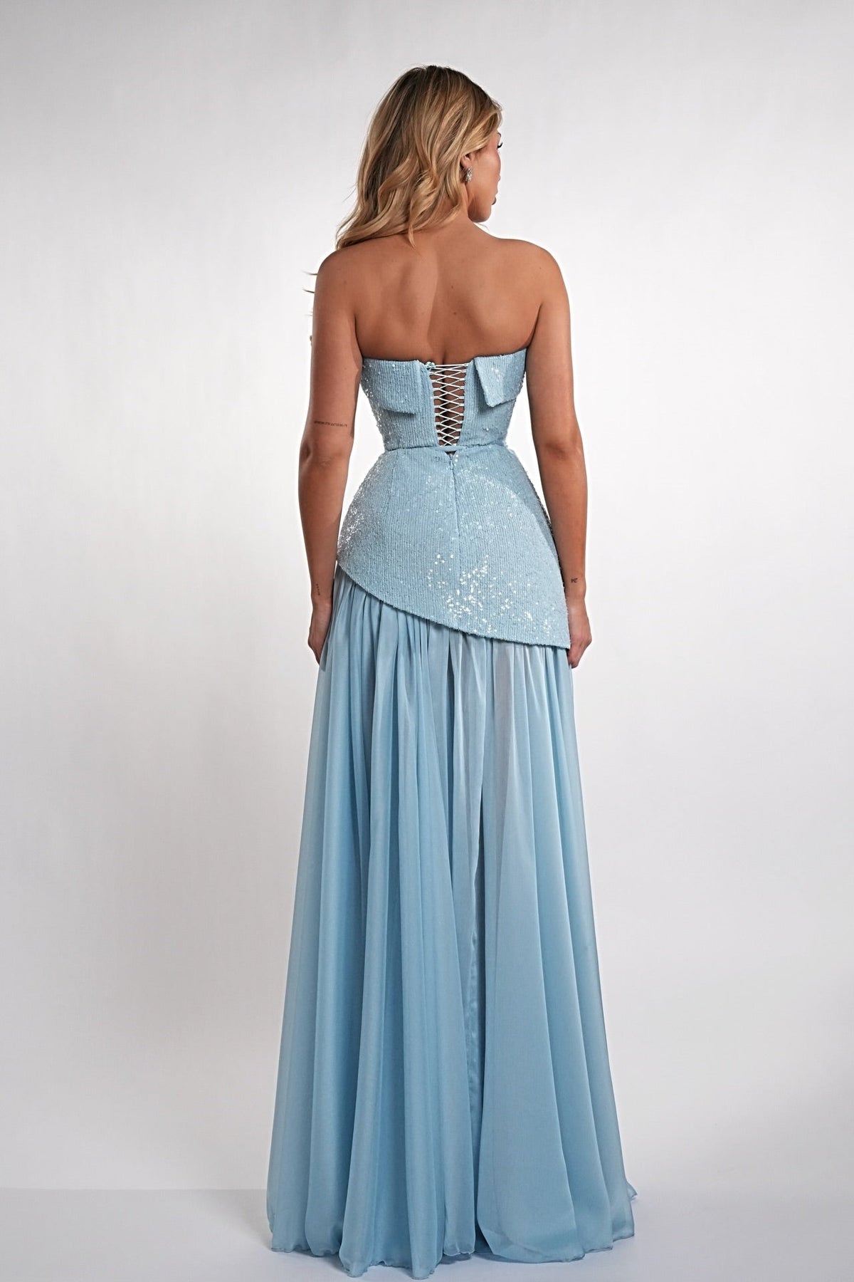 Charming Dusty Blue Strapless Sleeveless Chiffon Sequins Prom Dresses Long With Lace-Up Back