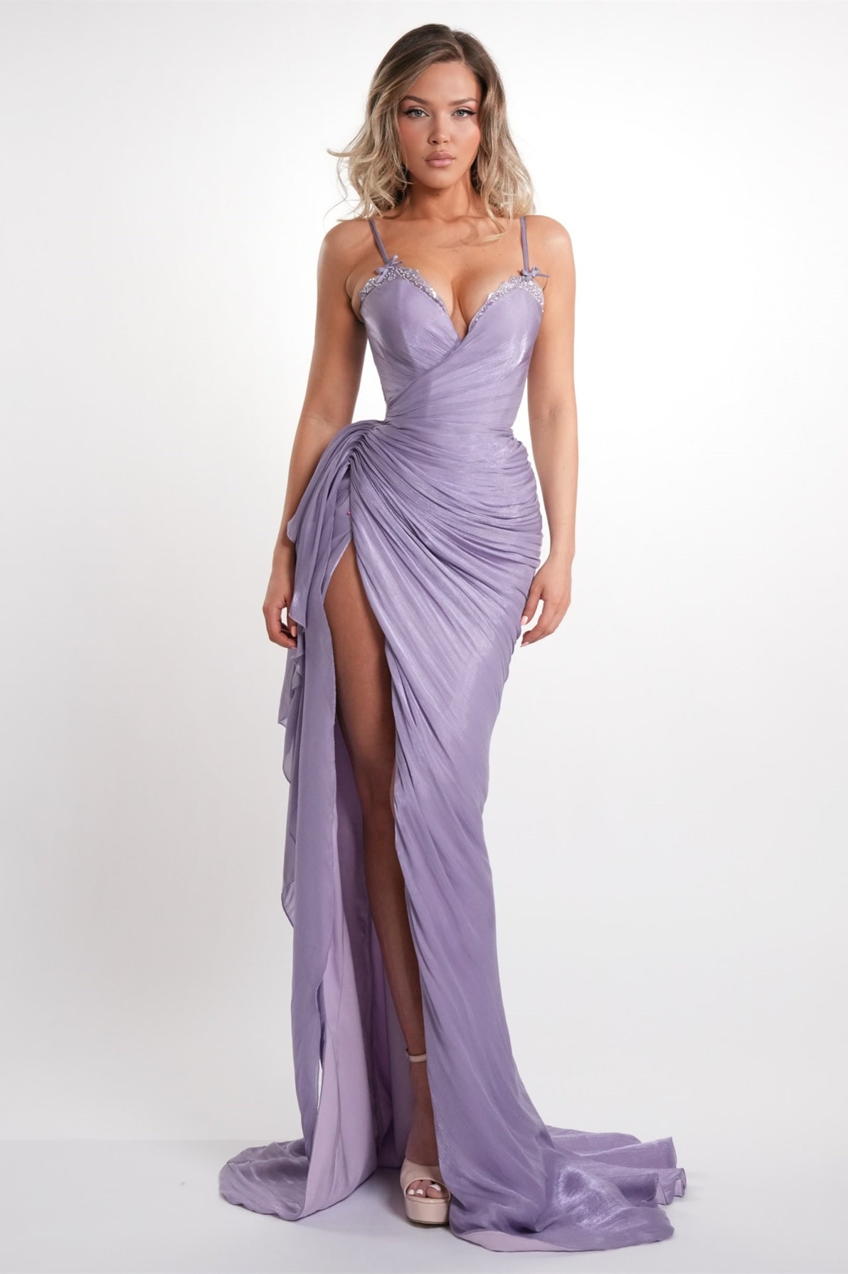 Graceful Lilac Sweetheart Spaghetti Straps Sleeveless Prom Dresses Mermaid High Split With Lace-Up Back