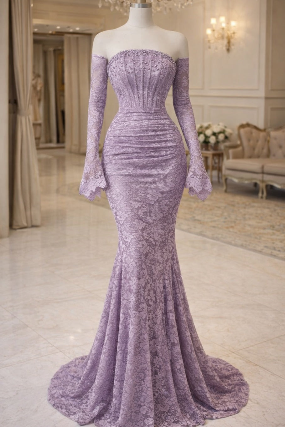 Pretty Lilac Strapless Long Sleeves Mermaid Prom Dresses Sheath Pearl With Zipper