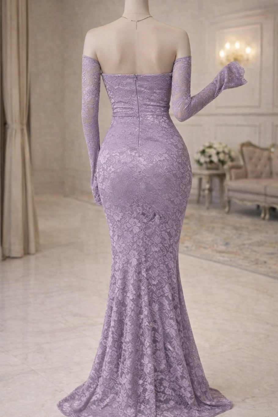 Pretty Lilac Strapless Long Sleeves Mermaid Prom Dresses Sheath Pearl With Zipper