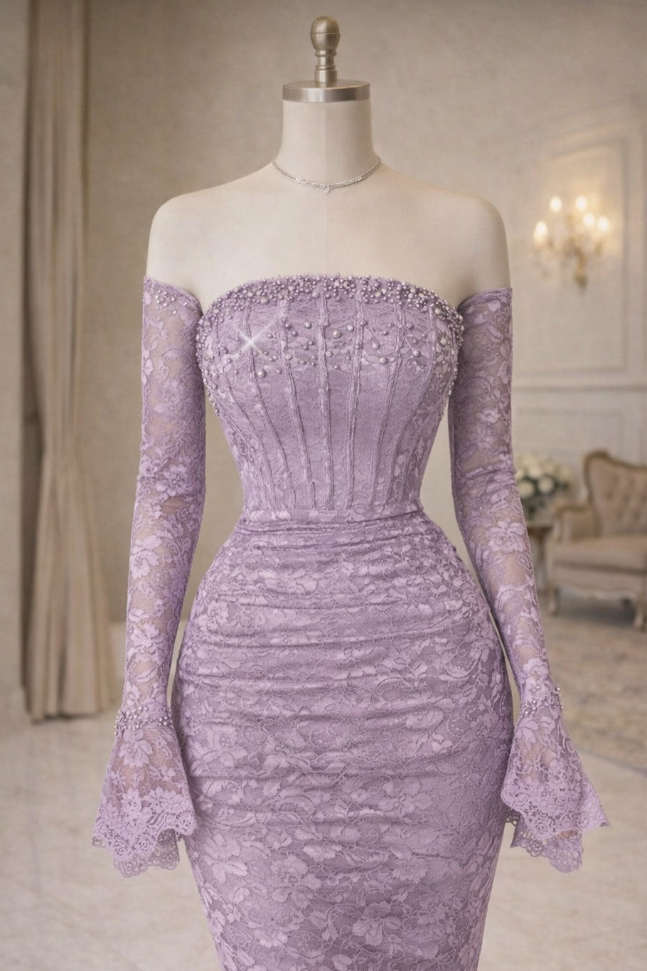 Pretty Lilac Strapless Long Sleeves Mermaid Prom Dresses Sheath Pearl With Zipper