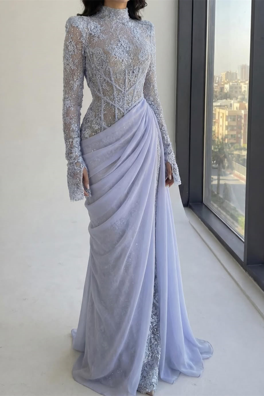 Dazzling High Collar Long Sleeves Mermaid Prom Dresses Sheath With Pleats