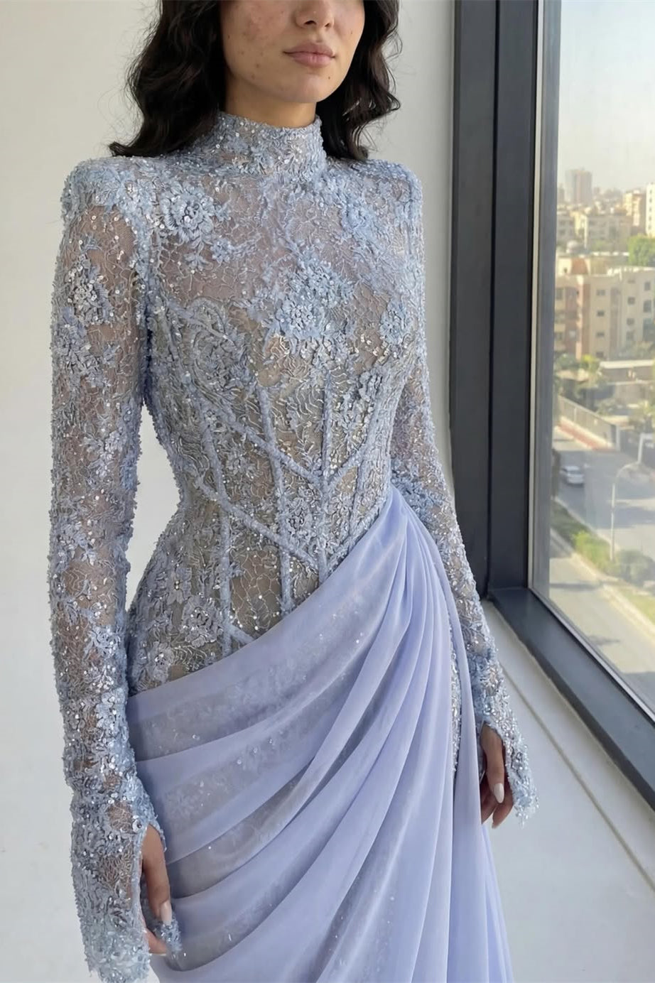 Dazzling High Collar Long Sleeves Mermaid Prom Dresses Sheath With Pleats