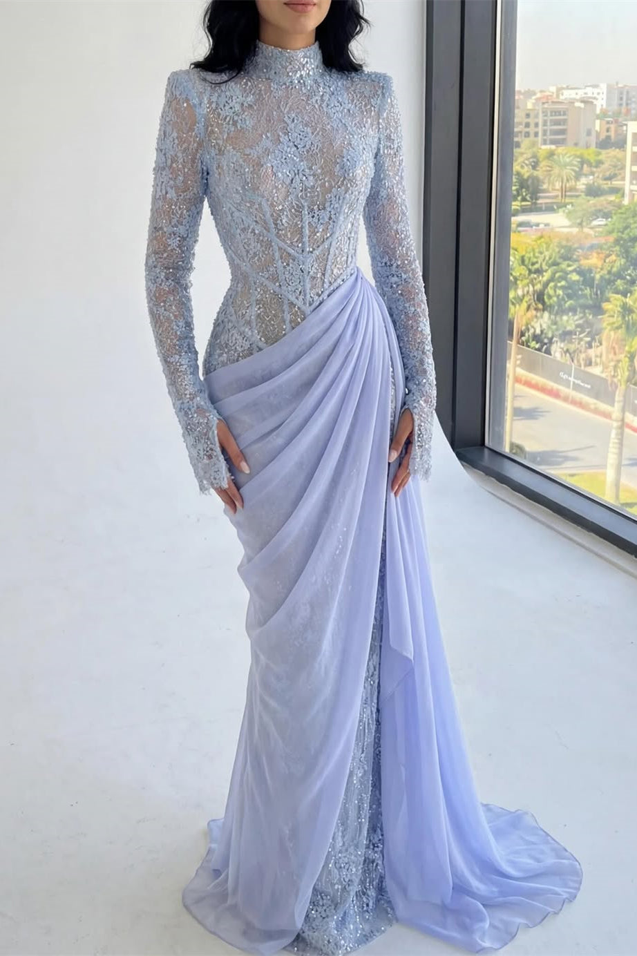 Dazzling High Collar Long Sleeves Mermaid Prom Dresses Sheath With Pleats